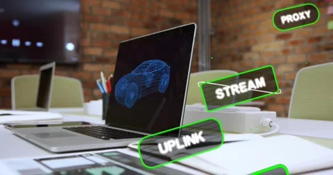 From frame five neon green HUD labels sliding left, rotating, passing laptop, Stock Footage 332468091