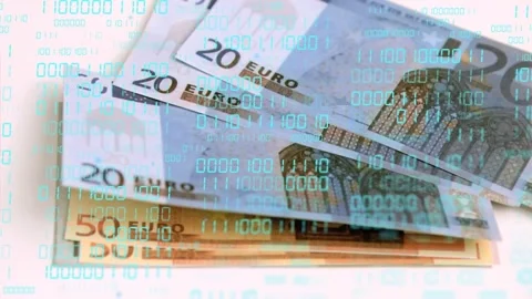 Frame five starting, bills 20s sliding revealing 50s under teal binary overlay Stock Footage 333720306