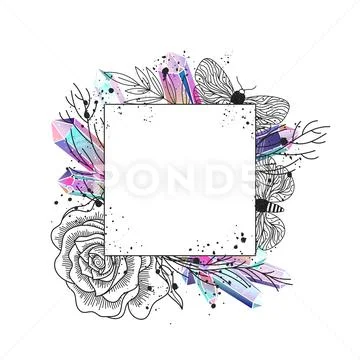 Frame floral, moths and crystals vector Stock Illustration
