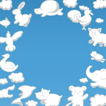 Frame of fluffy clouds in form of funny animals on blue sky background vector Stock Illustration