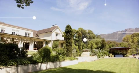 Frame four bright nodes appearing and linking over two-story house and lawn, Stock Footage 321142380
