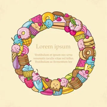 Frame from the funny sweets, fruit and ice cream. Donuts, cupcakes, cakes and Stock Illustration