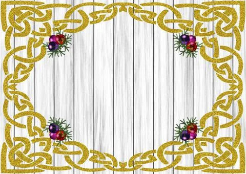 A frame with golden corner patterns and Christmas balls on wooden background  Stock Illustration