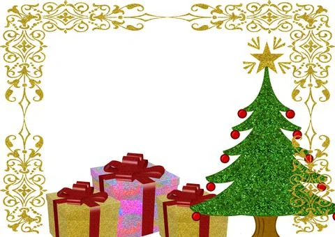 A frame with golden corner patterns and Christmas ornaments on white backgrou Stock Illustration