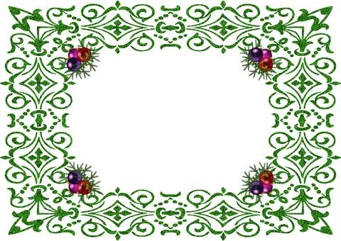 A frame with green corner patterns and Christmas balls isolated on white copy Stock Illustration