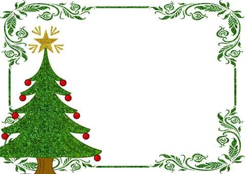 A frame with green corner patterns and Christmas tree on wh background for a  Stock Illustration