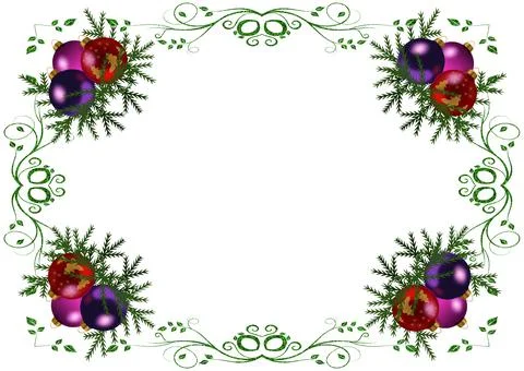 A frame with green corner patterns and Christmas balls on white background fo Stock Illustration