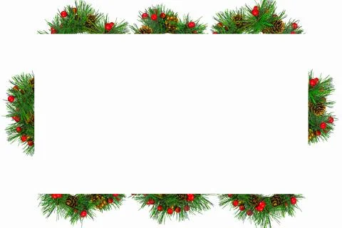 Frame of green pine branches with cones and red balls, white background. Stock Illustration