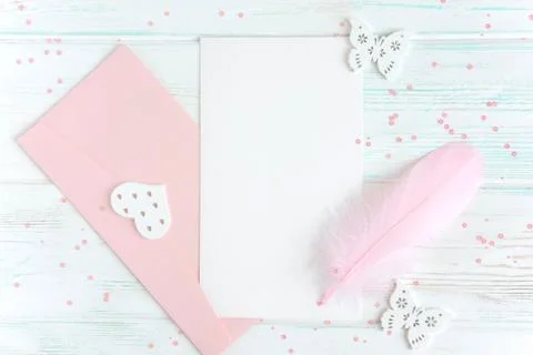 Frame for greeting card text. Banner with envelopes, pen and a postcard on a Stock Photos