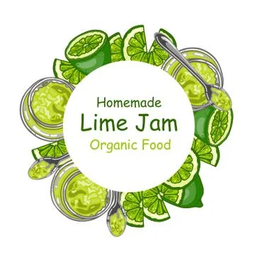 Frame with hand drawn lime jam and slices of lime, vector illustration Stock Illustration