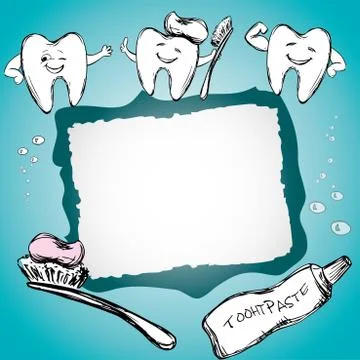 Frame with healthy teeth, toothpaste, toothbrush Stock Illustration