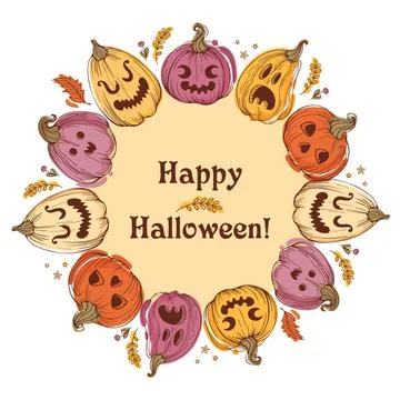 Frame of Jack o lantern, cute vintage witch pumpkins. Stock Illustration