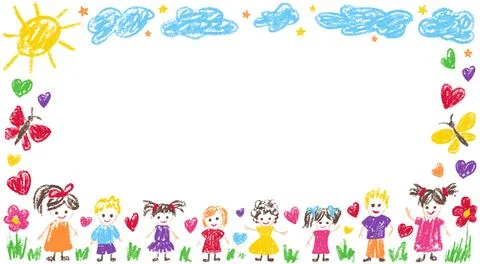 Frame kindergarten border with crayon box kid and text pastel drawn. Pencil Stock Illustration
