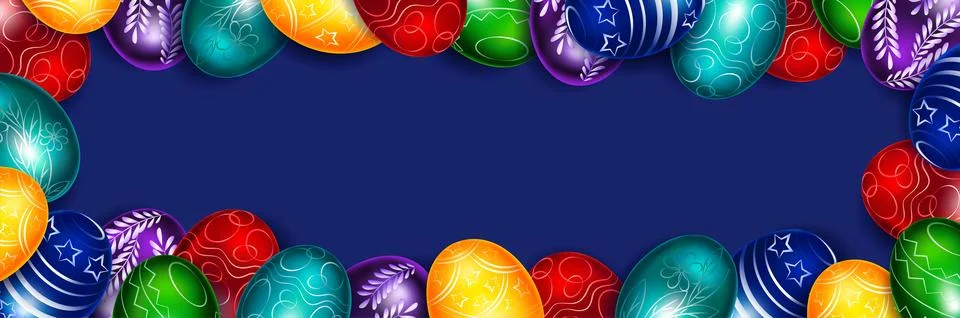 Frame made of bright Easter eggs on a blue background with an empty space Stock Illustration