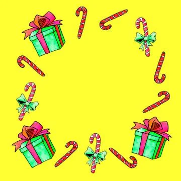 Frame is made of candy cane, gift boxes. New Year and Christmas backgrounds a Stock Illustration