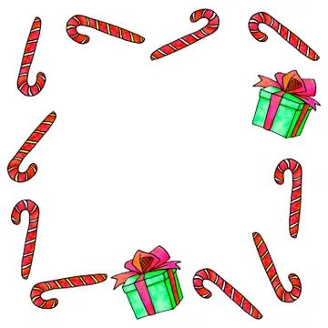 Frame is made of candy cane, gift boxes. New Year and Christmas backgrounds a Stock Illustration