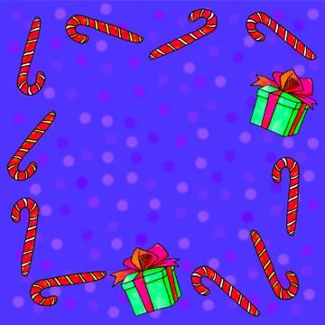 Frame is made of candy cane, gift boxes. New Year and Christmas backgrounds a Stock Illustration