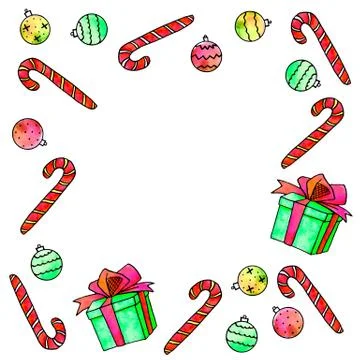 Frame is made of candy cane, Xmas tree balls, gift boxes. New Year and Christ Stock Illustration