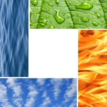 Frame made from clouds, fire, waves and green leaf with drops of water isolat Stock Illustration