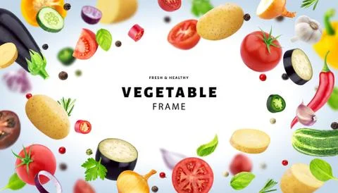 Frame made of different flying vegetables, herbs and spices, with copy space Photos