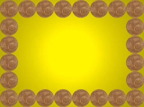 Frame made from one euro cent coins on yellow. Stock Photos