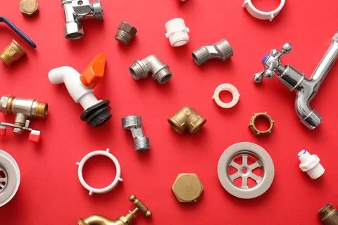 Frame made from set of plumber's items on red background Stock Photos