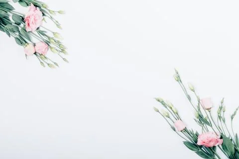 Frame made of two eustoma rose bouquets with empty space 스톡 사진