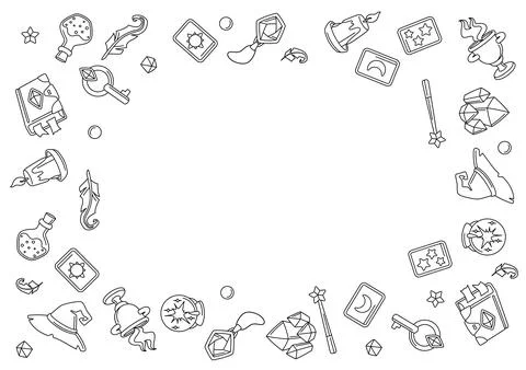 Frame with magic items. Witchcraft alchemy mystery elements. Stock Illustration