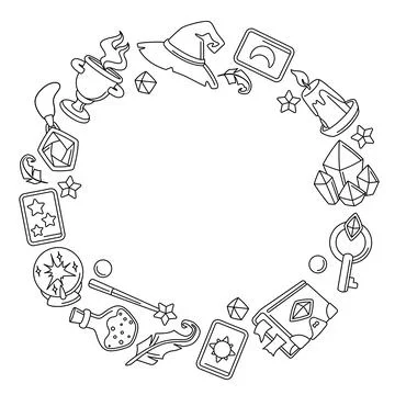 Frame with magic items. Witchcraft alchemy mystery elements. Stock Illustration