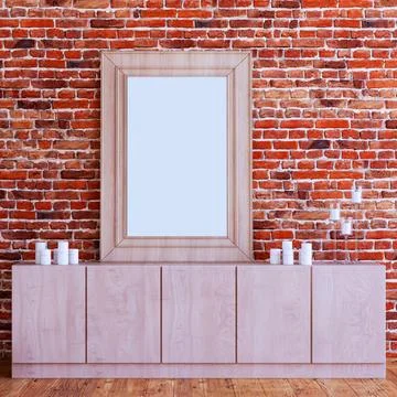Frame mock up design, 3d render. Wooden frame mockup with red brick wall and イラスト素材