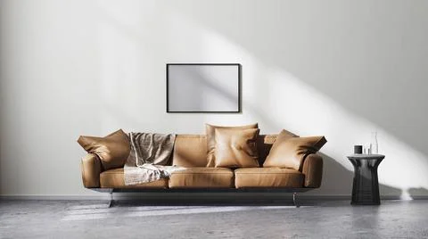 Frame mock up in modern living room interior with white wall and sun rays,... Stock Photos