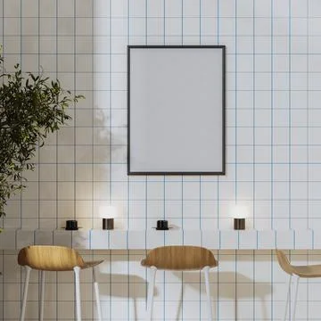 Frame mock-up on white tiled wall in modern coffee bar interior, 3d render Stock Illustration