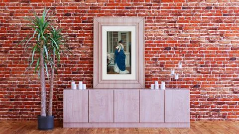 Frame mockup 3d render with red brick wall and palm tree. Vertical frame mo.. Stock Illustration