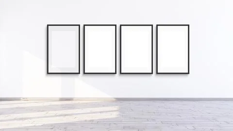 Frame mockup with 4 frames for gallery wall on an empty white wall, 3d rend.. Stock Illustration
