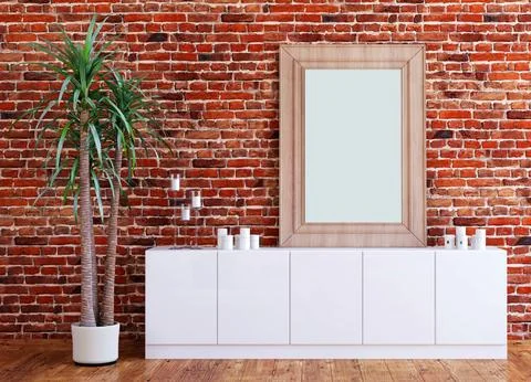 Frame mockup with red brick wall and palm tree. Single frame mock up design.. Stock Illustration