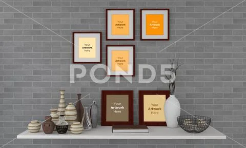 Frame Mockup with Vases and Decorative Items on the Shelf PSD Template