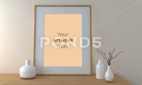 Frame Mockup with Vases and Decorative Items on the Shelf PSD Template