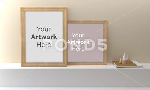 Frame Mockup with Vases and Decorative Items on the Shelf PSD Template