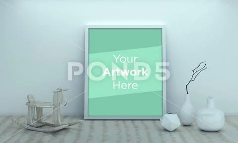 Frame Mockup with Vases and Decorative Items on the Shelf PSD Template