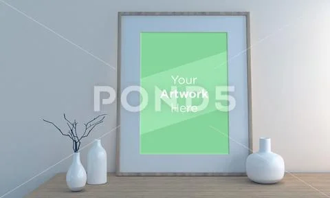 Frame Mockup with Vases and Decorative Items on the Shelf PSD Template