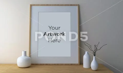 Frame Mockup with Vases and Decorative Items on the Shelf PSD Template