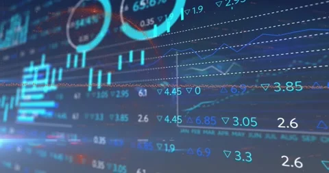 On frame one candles rising, numeric labels updating, bar-chart panel sliding Stock Footage 328224954