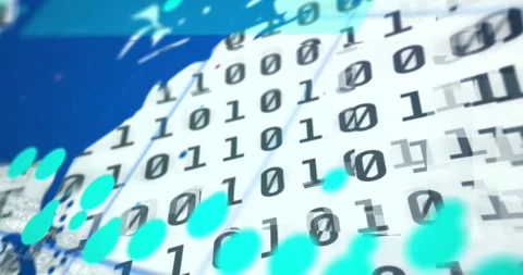 Frame one opening, binary plane rippling, teal dots sweeping, blue map sliding, Stock Footage 331169300