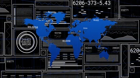 Frame one opening, dashboard animating around centered blue map, gauge cycling Stock Footage 327943405