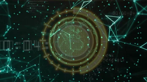 Frame one opening revealing wireframe globe rotating, rings pulsing, counter Video stock 329701398
