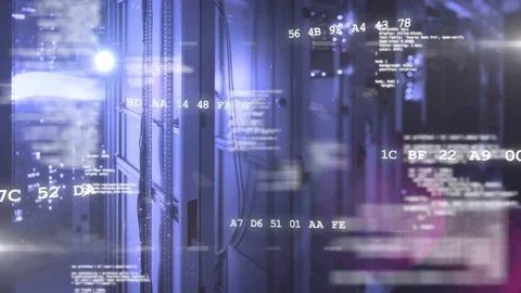 Frame one opening sending green and white hex overlays across data center rack, Stock Footage 332686158