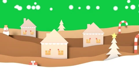 Frame opening papercut village building houses, snowing, layers moving on Stock Footage 340269532