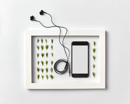 Frame with organic pine needles pattern, smartphone mock-up and headphones .. Stock Photos