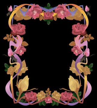 Frame for the page with a black background, consisting of flowers and rosebud Stock Illustration