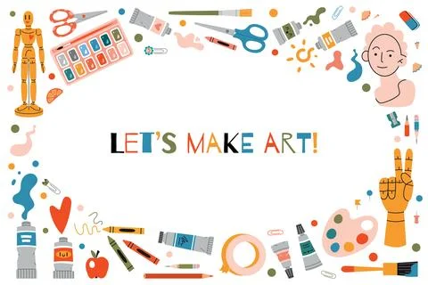 Frame with Painting tools elements, cartoon style. Art supplies set: paint .. Stock Illustration